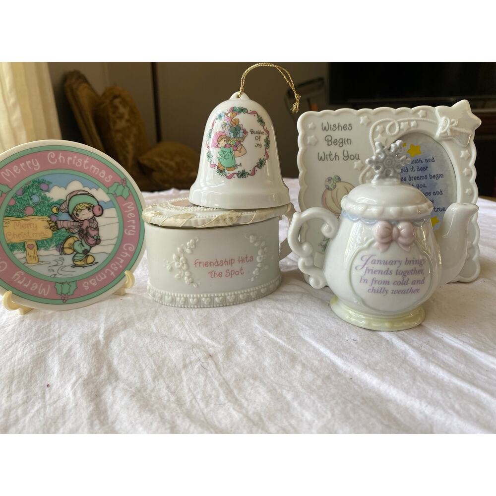 1993 Enesco Precious Moments Collection, teapot, trinket box ,porcelain bell 5pc